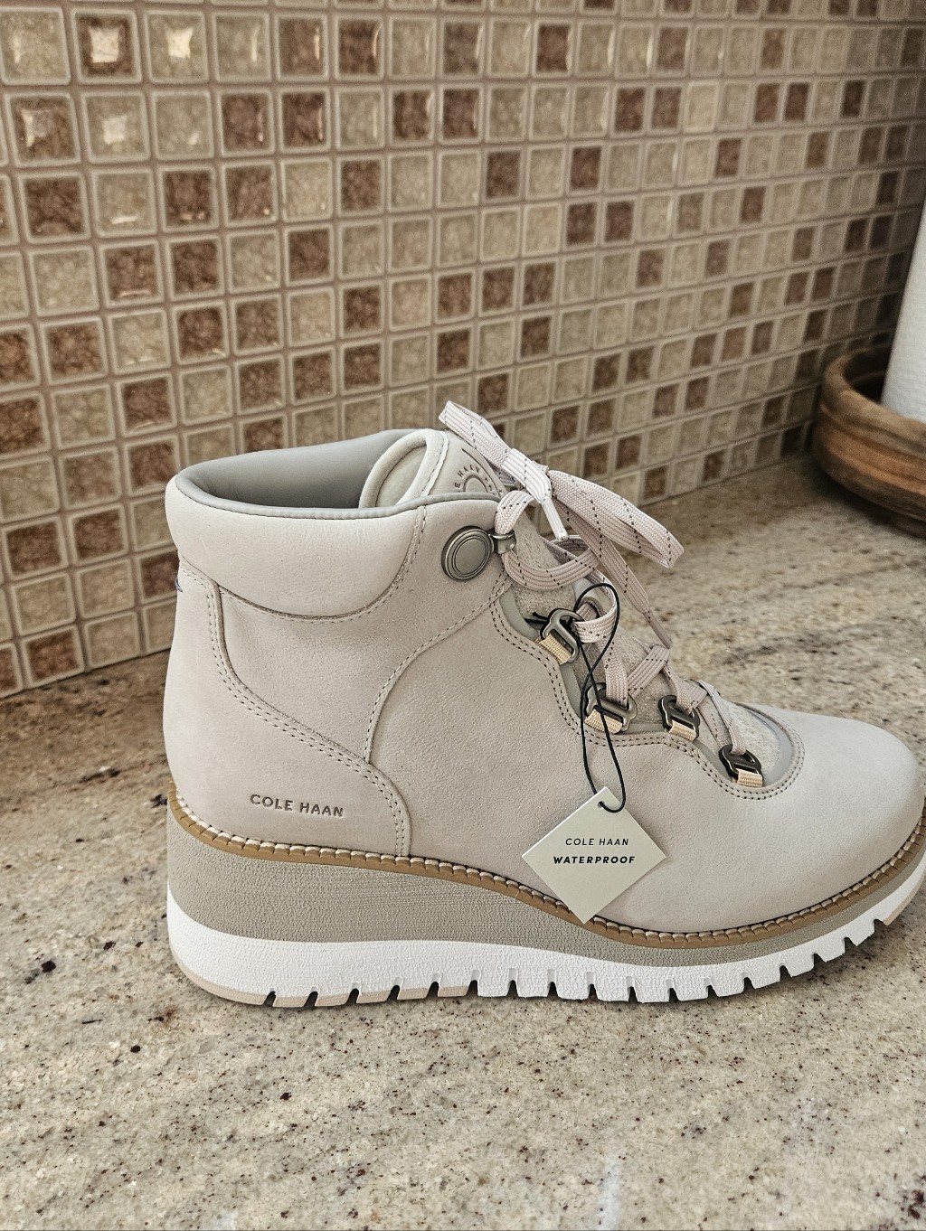 Cole Haan Women's Light Beige Lace-Up Wedge Hiking Boot